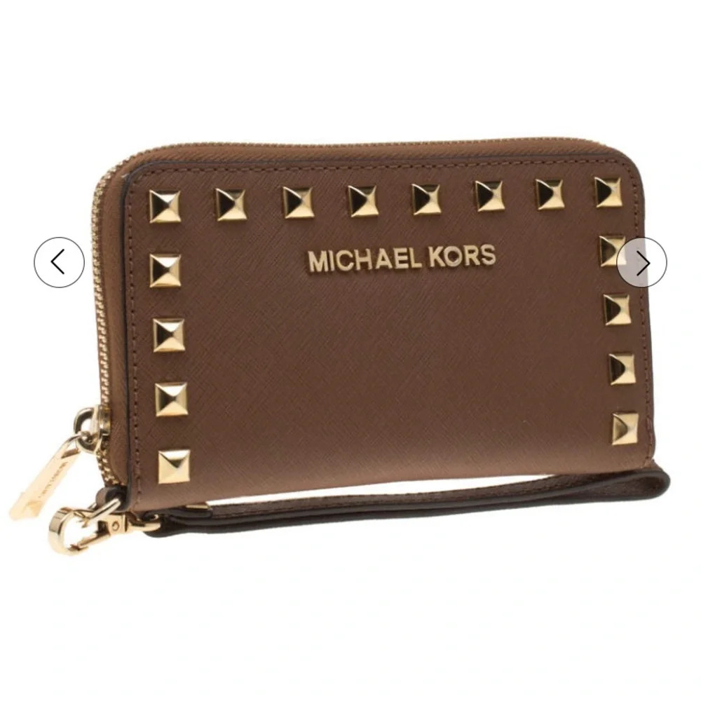 Michael Kors Selma Studded Saffiano Leather Wristlet Wallet Brown Gold